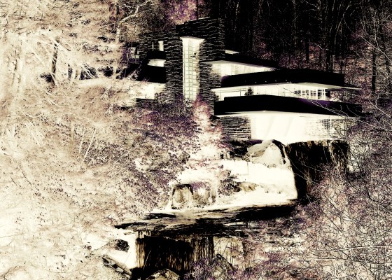 An edited nightmare version of Frank Lloyd Wright's Falling Water, Mill Run, PA.