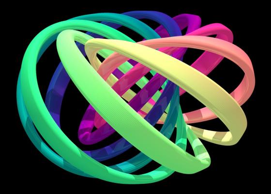 Visualization of a quantum knot, multicolored to represent entwined fields